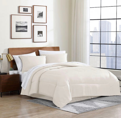 Swift Home Home Essentials Midweight Down King set 8pc - one comforter (102"x86"), two king shams (20"x36"+2" flange), one bed skirt (78"x80"+14"drop), one white fitted sheet (78"x80"), one white flat sheet
(102"x105") and two white pillowcases (20"x40").