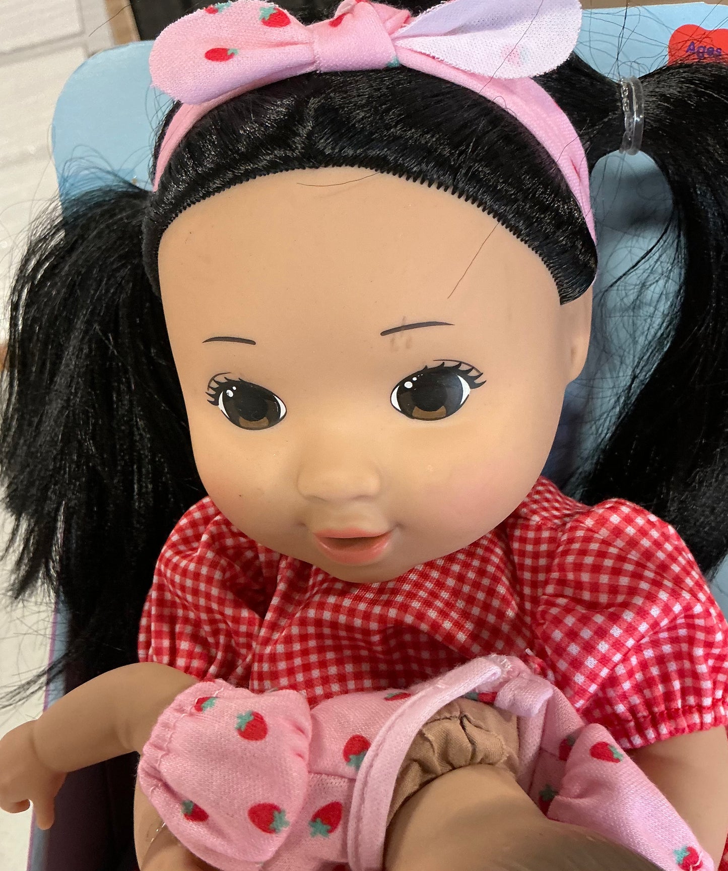 Gigglescape 14” black hair/brown eyes toddler girl - AS IS - SOME MINOR COSMETIC FLAWS - DAMAGED PACKAGE