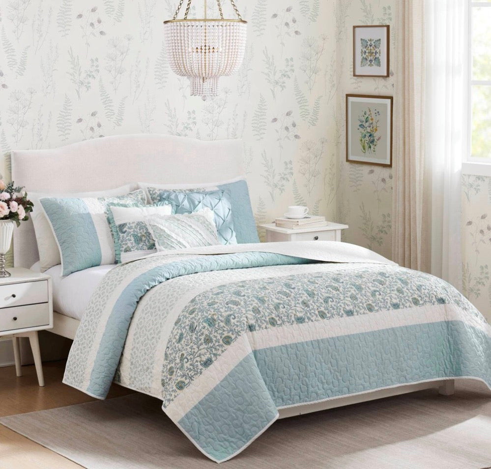 Madison Park 6-piece quilt set in a green and blue paisley pattern. Size king