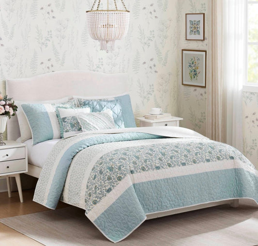 Madison Park 6-piece quilt set in a green and blue paisley pattern. Size king