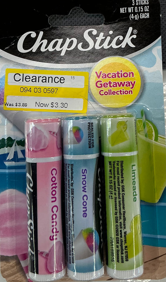 ChapStick Vacation Getaway Collection 3-pack featuring Cotton Candy, Snow Cone, and Limeade flavored lip balms