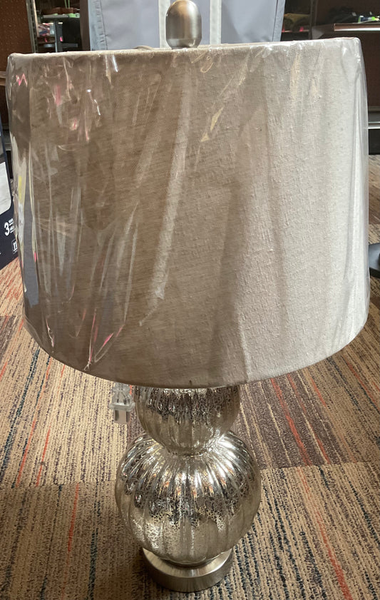 (CLEARANCE).  Regency Hill Lili 25" High Fluted Modern Country Cottage Table Lamp Silver Mercury Glass Single Beige Shade Living Room Bedroom Bedside Nightstand