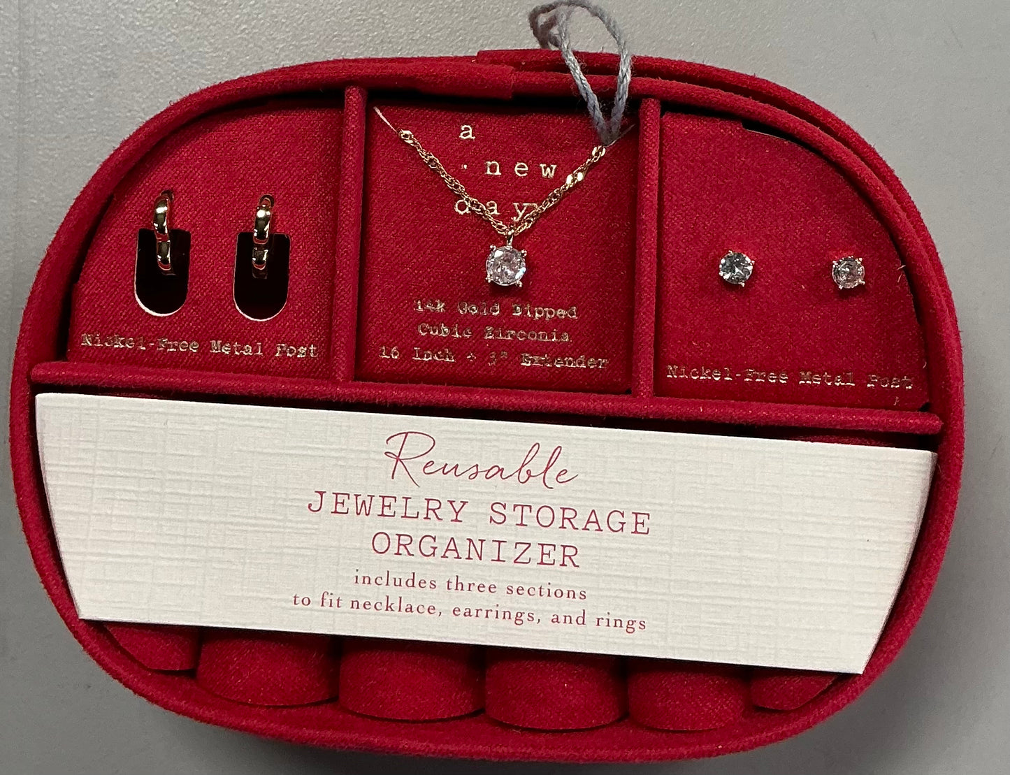 3-Piece 14k Gold-Dipped Cubic Zirconia Jewelry Set in a reusable red storage organizer
