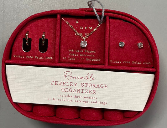3-Piece 14k Gold-Dipped Cubic Zirconia Jewelry Set in a reusable red storage organizer
