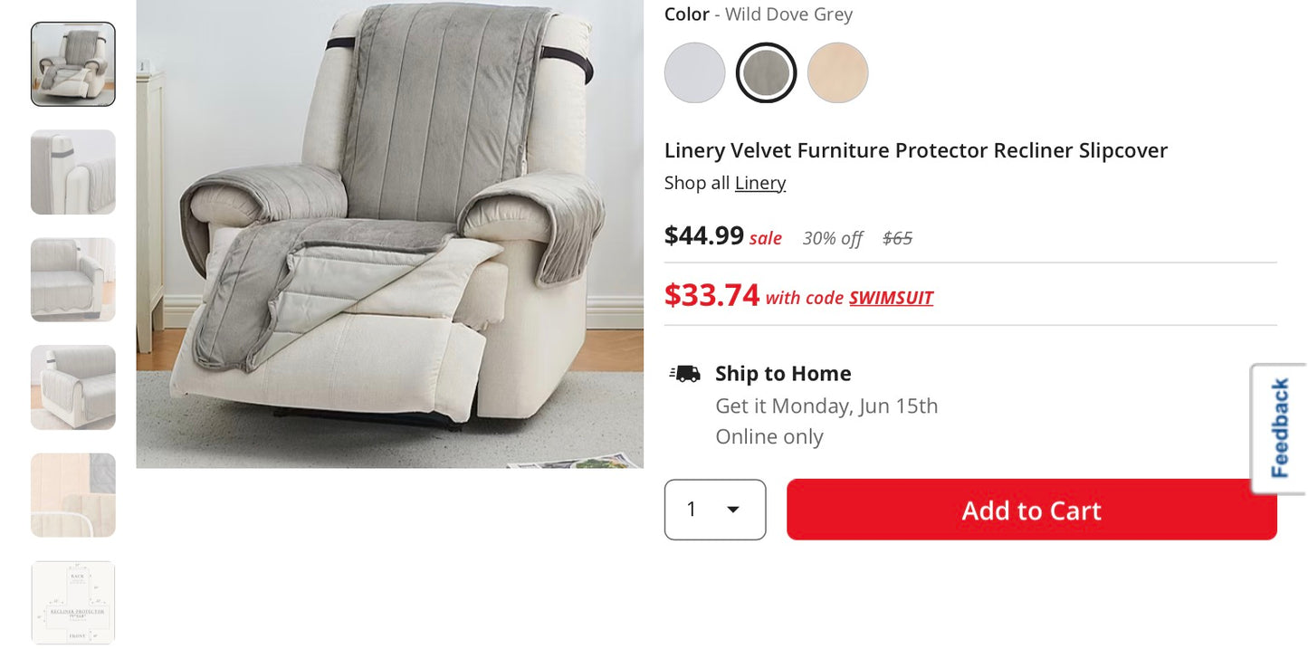 Linery Velvet Furniture Protector Recliner Slipcover 79 in x 68 in
