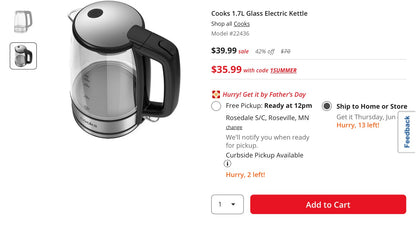 Cooks 1.7L Glass Electric Kettle