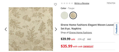 Elrene Home Fashions Elegant Woven Leaves Set 8 Pieces Napkins 17”x17”-Gold