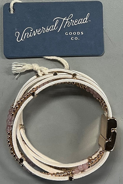 Gold-tone simulated leather mixed bead rose quartz magnetic bracelet