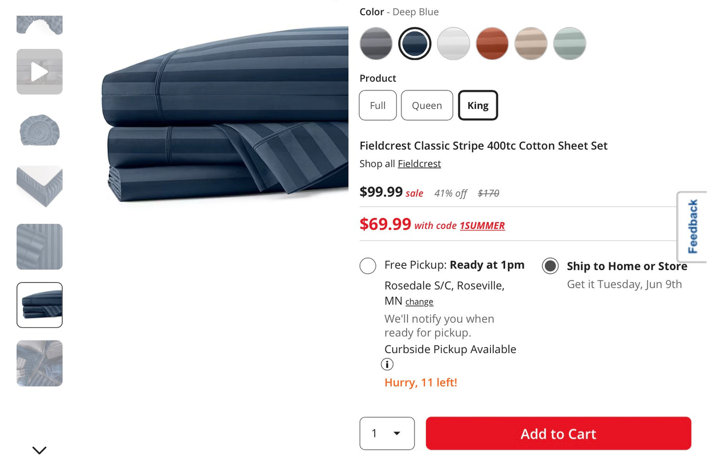 Fieldcrest Classic Stripe 400tc Cotton Sheet Set king