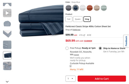 Fieldcrest Classic Stripe 400tc Cotton Sheet Set king