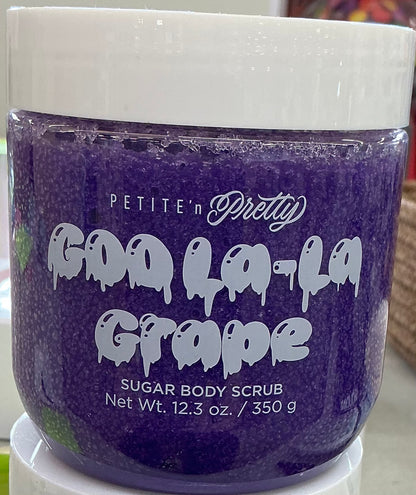 Petite 'n Pretty Goo La-La Grape Sugar Body Scrub in a purple 12.3 oz container.