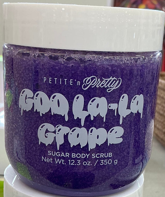 Petite 'n Pretty Goo La-La Grape Sugar Body Scrub in a purple 12.3 oz container.
