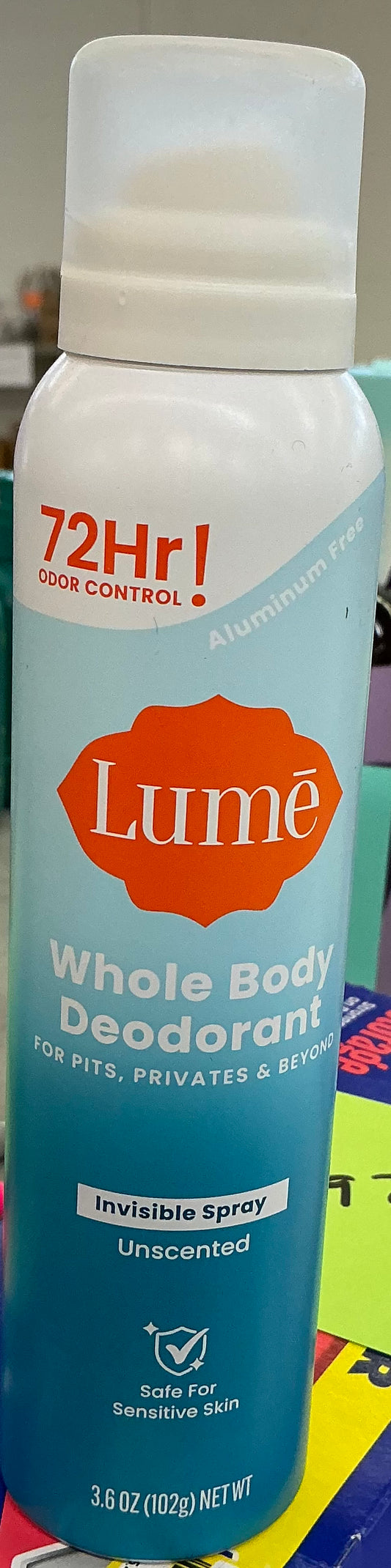 3.6 oz can of Lume Unscented Invisible Spray Whole Body Deodorant.