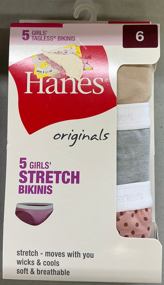 Hanes Originals Girls' Stretch Bikinis in a 5-pack with assorted colors and patterns size 6
