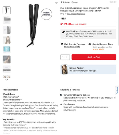 Thrifty 70 - Paul Mitchell Neuro Smooth 1.25" Ceramic Straightening & Styling Even Heating Flat Iron - Open Box - Used ( See picture) - AS IS - NO RETURNS - FINAL SALE