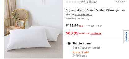 St. James Home Better Feather Pillow 2 Pack Jumbo 20”x28”- White