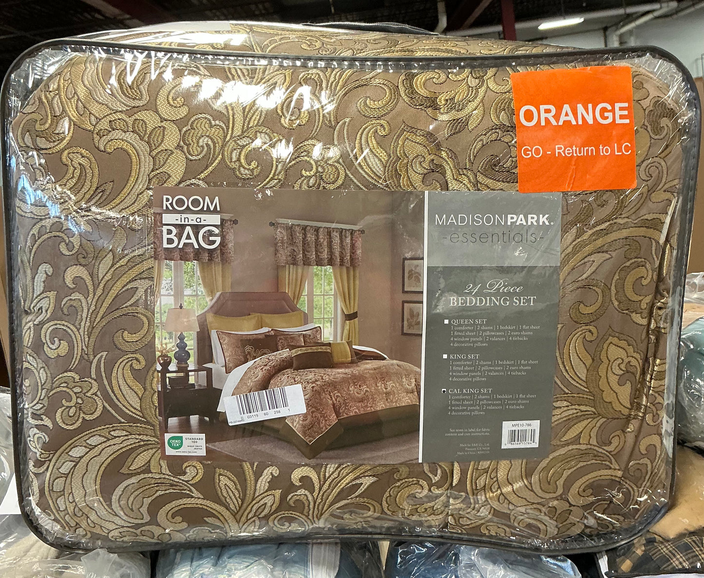 Madison Park Essentials Room-in-a-Bag 24-piece bed set in a brown damask pattern.Cal king