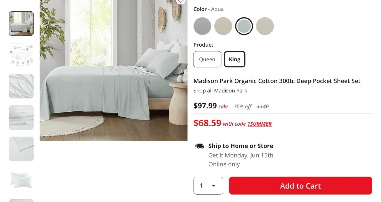 Madison Park Organic Cotton 300tc Deep Pocket Sheet Set king