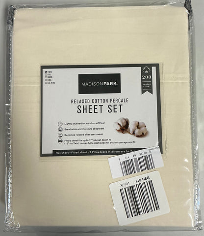 Madison Park Peached Percale Cotton 4 Pieces Sheet Set-Included(1 flat sheet,1 fitted sheet, 2 pillowcases)-Ivory