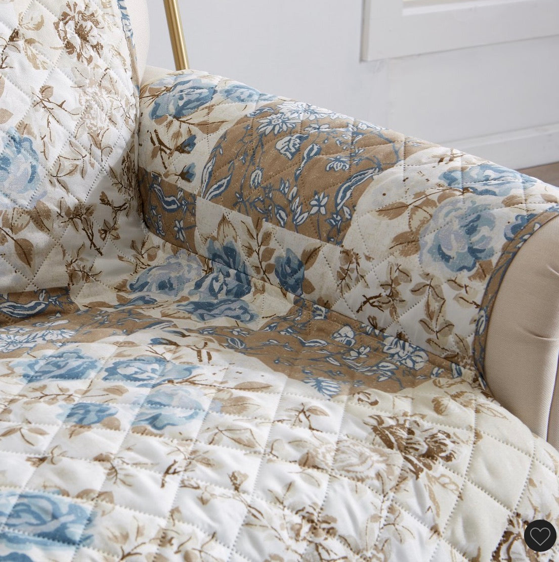Great Bay Home Maribel floral patchwork chair cover featuring a quilted design with blue and taupe tones armchair 75 in x 68 in