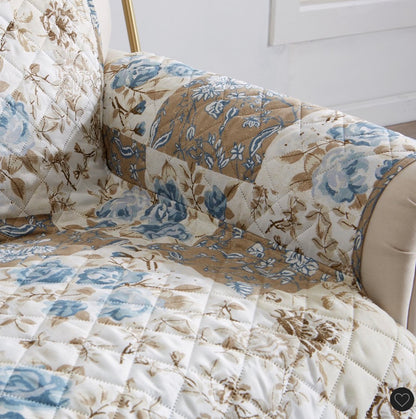 Great Bay Home Maribel floral patchwork chair cover featuring a quilted design with blue and taupe tones armchair 75 in x 68 in