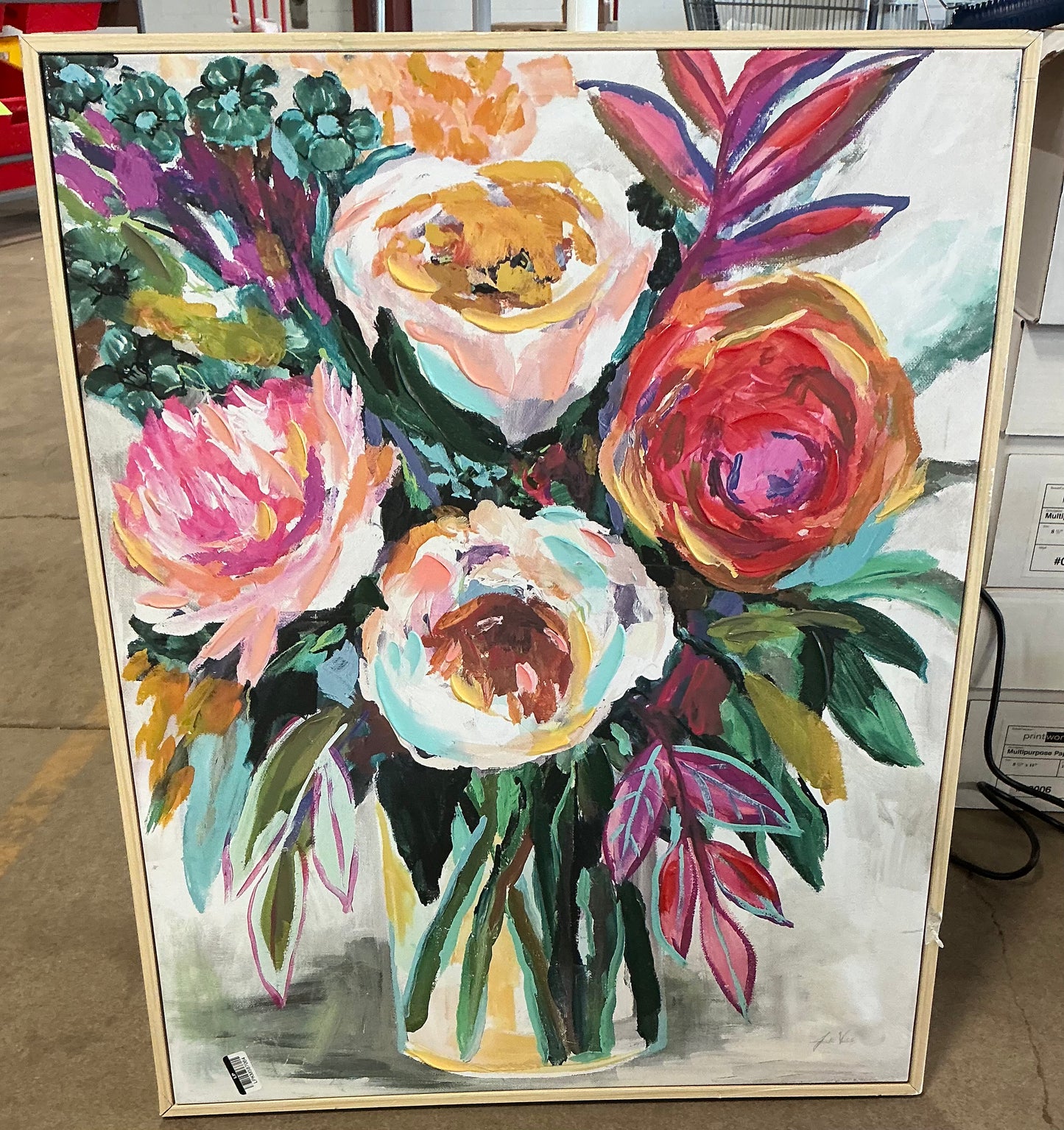 24”x30” colorful floral framed canvas natural - AS IS - COSMETIC FLAWS - PICK UP ONLY
