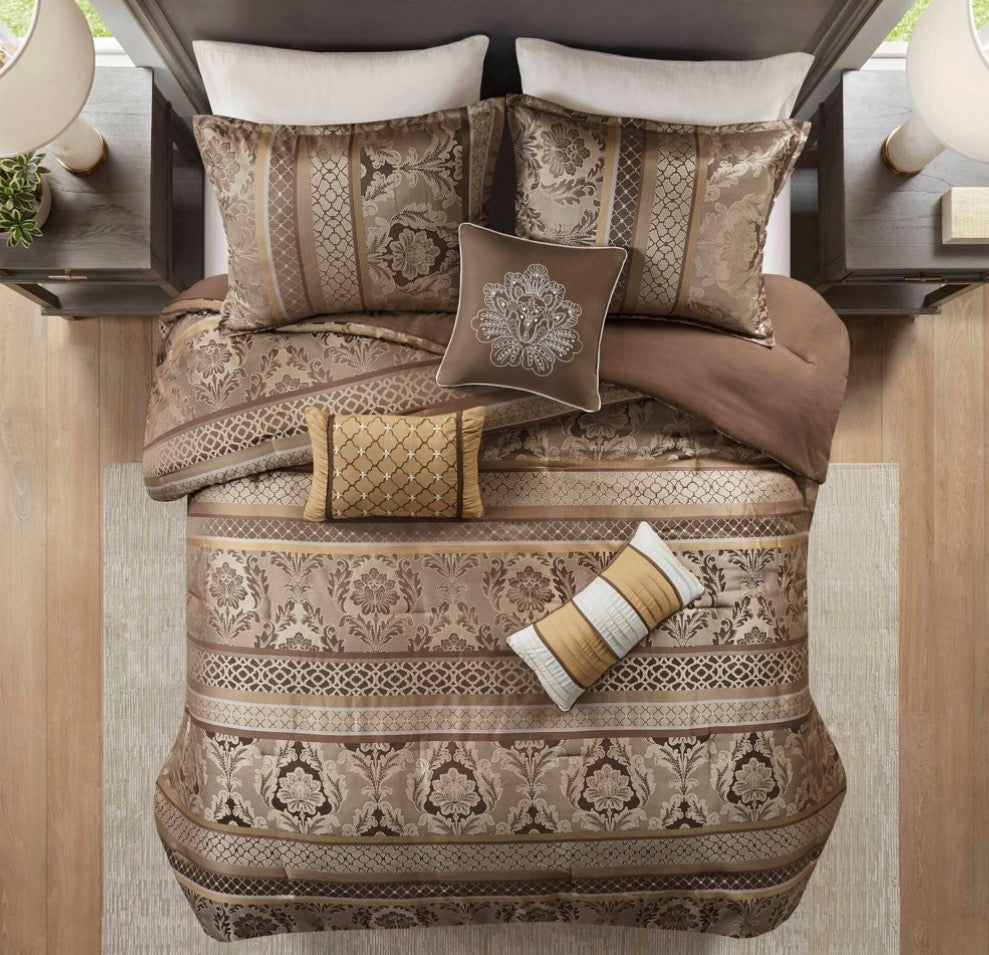 Madison Park Bellagio 7-piece jacquard comforter set in brown and gold king