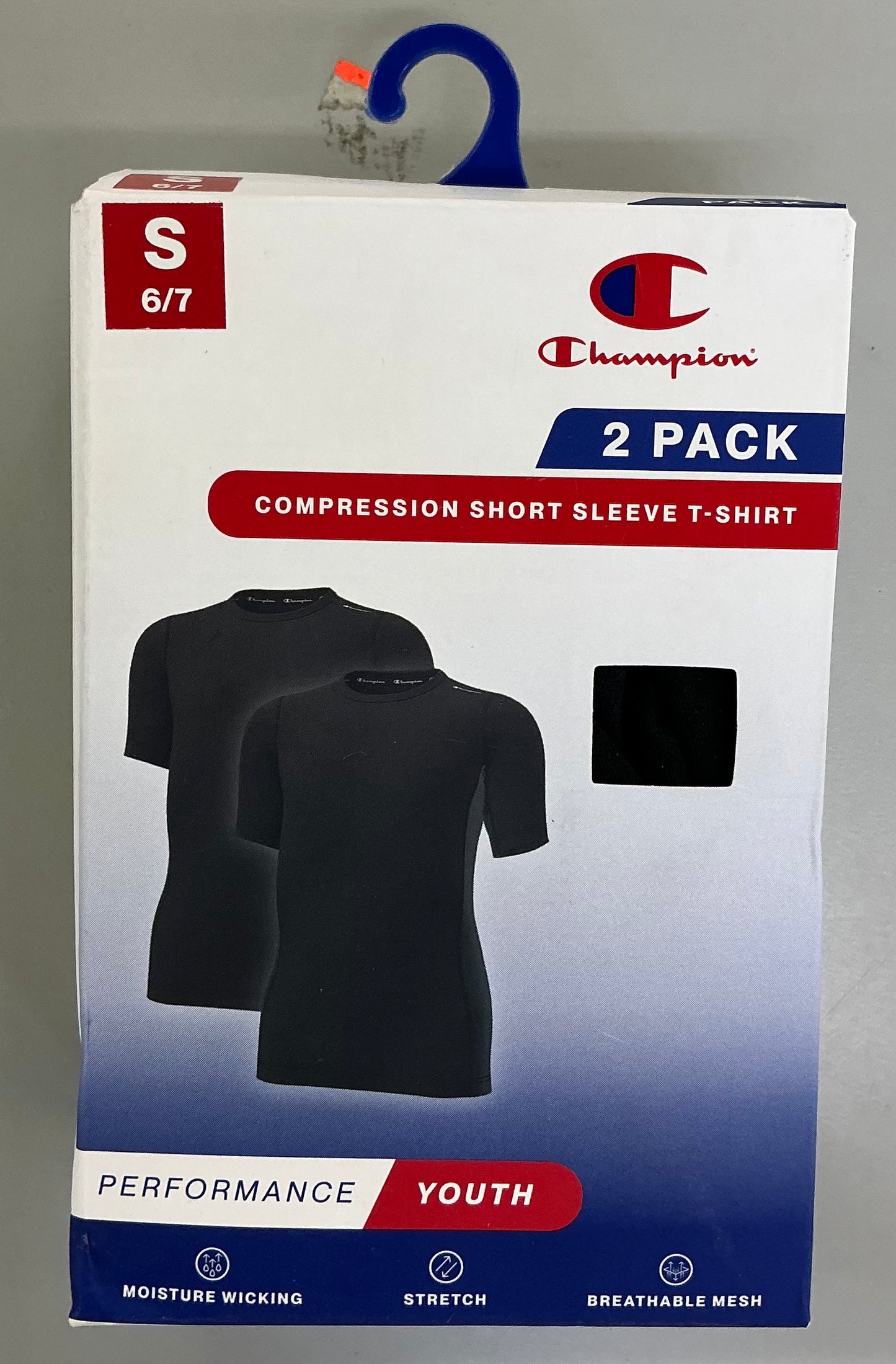 Champion youth 2pk compression t-shirt - black/black - size small 6/7 - open package