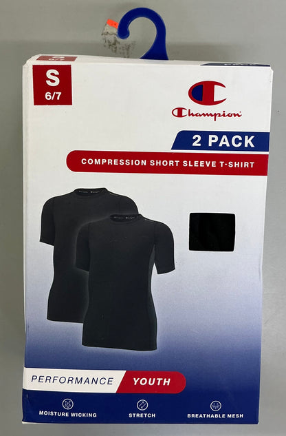 Champion youth 2pk compression t-shirt - black/black - size small 6/7 - open package