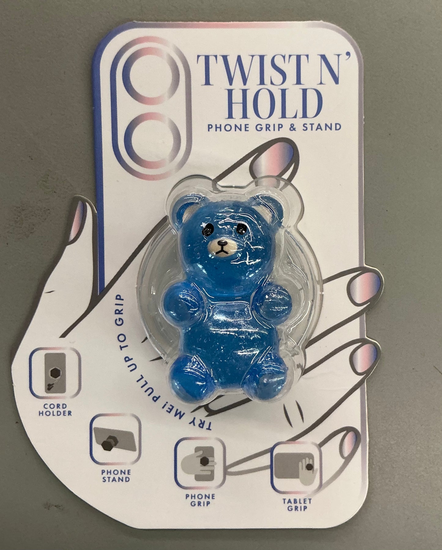 Blue resin gummy bear phone grip and stand from the brand Twist N' Hold