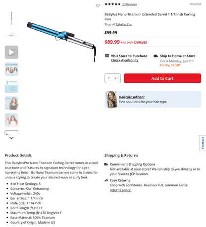Thrifty 70 - BaByliss Nano Titanium Extended Barrel 1 1/4 Inch Curling Iron - Open Box - Used (See Picture )- AS IS - FINAL SALE NO RETURNS