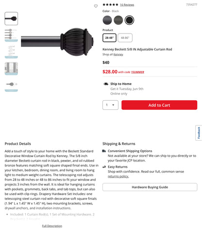Kenney Beckett 5/8 IN Adjustable Curtain Rod - 28”X48”