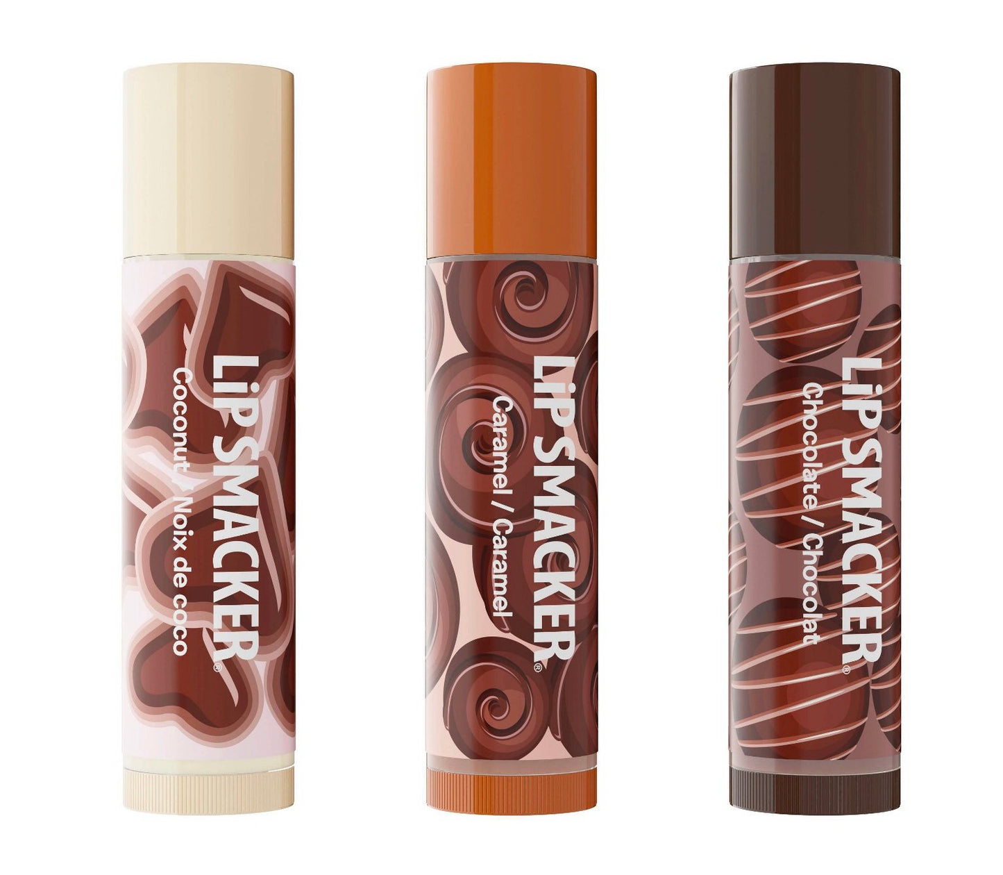 Lip Smacker Chocolate Deluxe Heart Tin Lip Balm Trio featuring coconut, chocolate, and caramel flavors in a pink heart-shaped