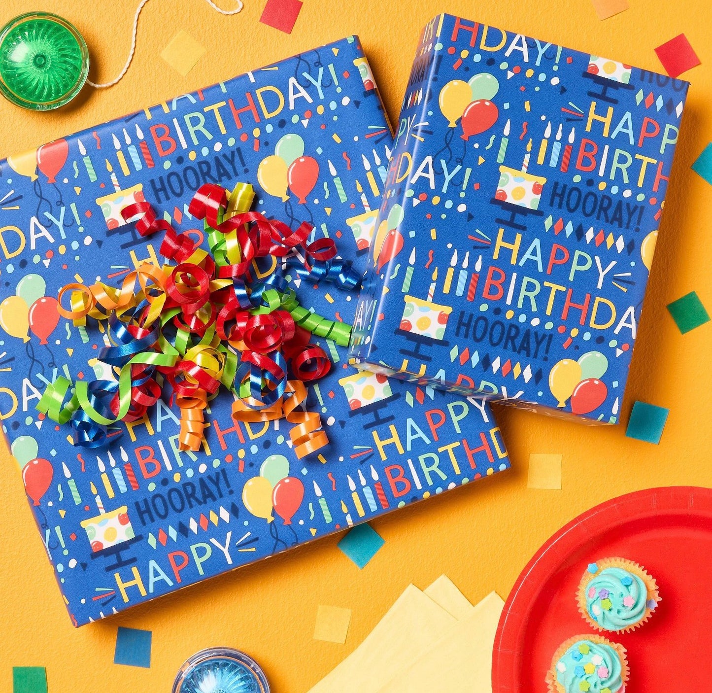 96”x30” Happy Birthday Hooray, balloon & cake gift wrapping paper blue