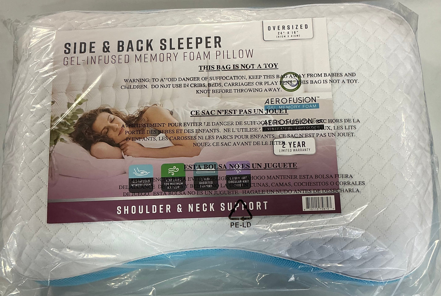 Bodipedic Home Side Back Sleeper Gel Infused Memory Foam Bed Pillow 24”x16”-White/Blue