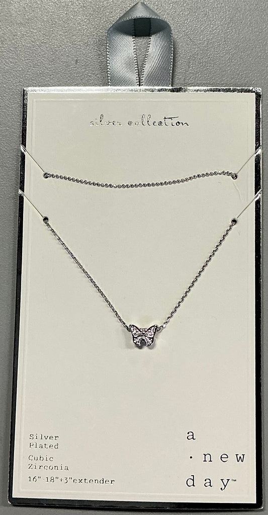 Silver-Plated Sliding Cubic Zirconia Butterfly Multi-Strand Necklace
