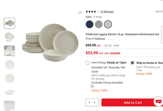 Fieldcrest 12-piece legacy steam dinnerware set