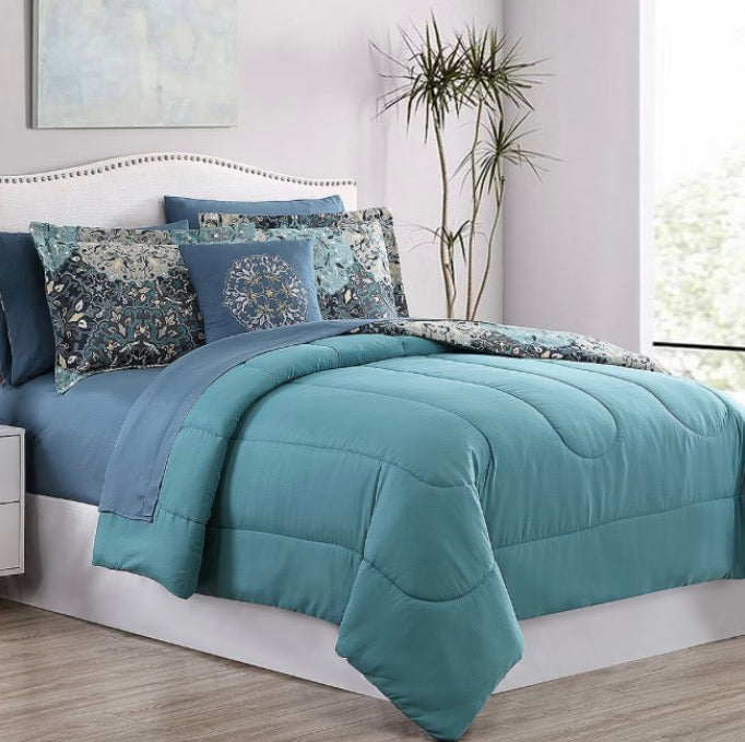 Modern Threads Granada Reversible Complete Bedding Set 6 Pieces Twin-Included(1 Comforter,1 Standard Sham,1 18”x18”Decorative Pillow,1 Flat Sheet,1 Standard Pillowcase,1 Fitted Sheet)-Blue