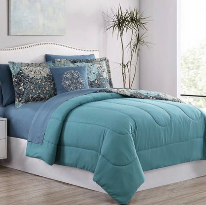 Modern Threads Granada Reversible Complete Bedding Set 6 Pieces Twin-Included(1 Comforter,1 Standard Sham,1 18”x18”Decorative Pillow,1 Flat Sheet,1 Standard Pillowcase,1 Fitted Sheet)-Blue