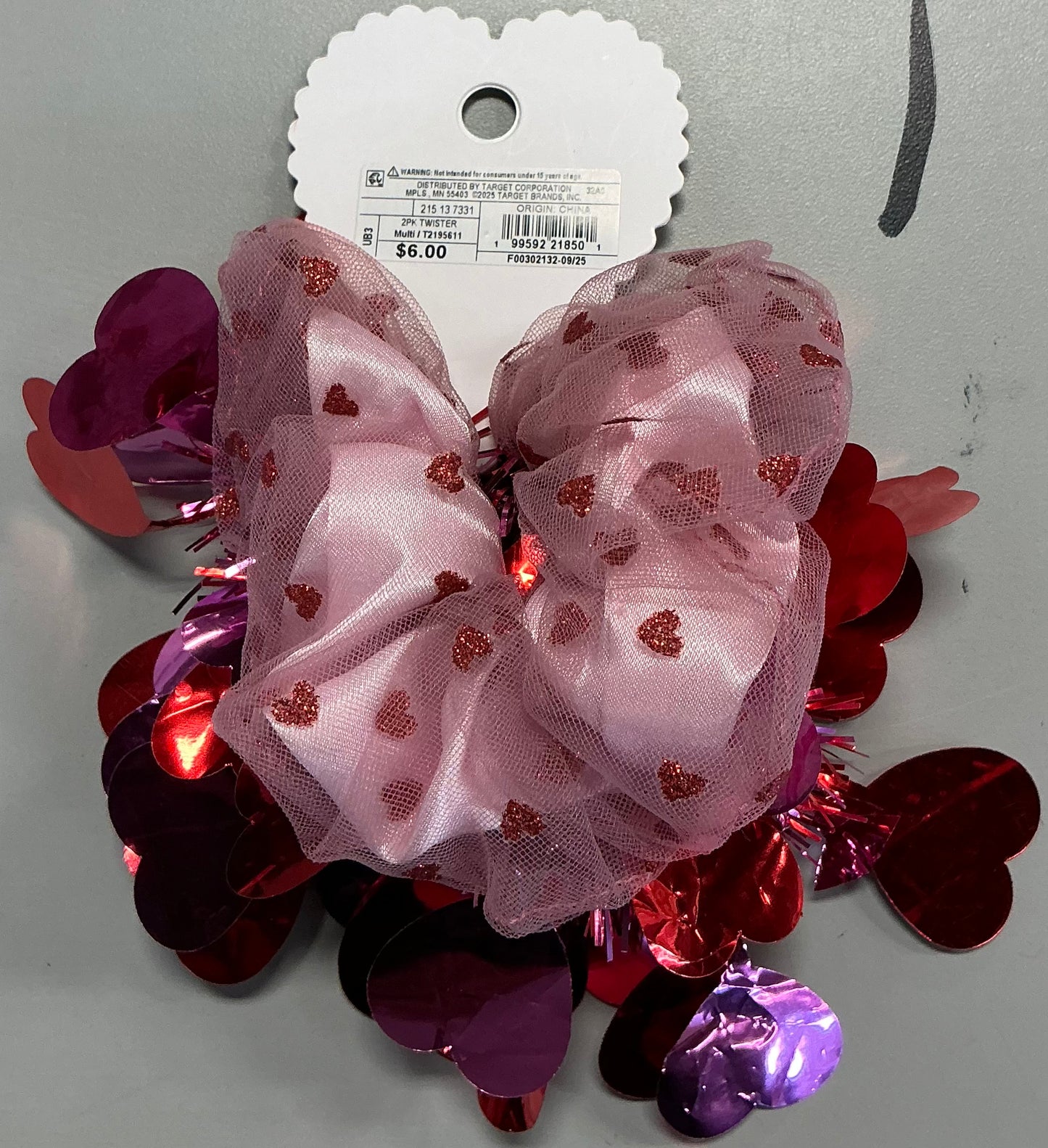 Pink and red heart themed hair scrunchies