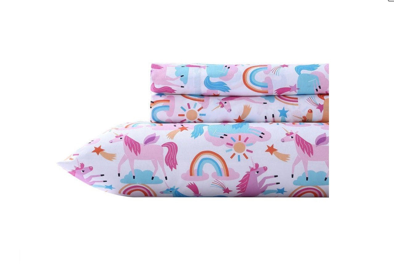 Poppy & Fritz Unicorn Deep Pocket 4 Pieces Sheet Set Full-Included(2 Pillowcases,1 Fitted Sheet and 1 Flat Sheet)-Pink