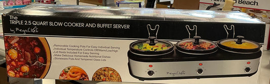 MegaChef Slow Cookers and Buffet Server with 3 Ceramic Cooking Pots and Removable Lid Rests, 2.5 Quart, Brushed Silver & Black