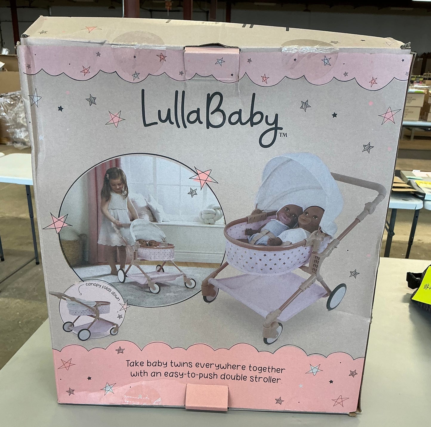 LullaBaby double stroller pink carriage with golden star print - OPEN/DAMAGE BOX - PRODUCT IS NEW