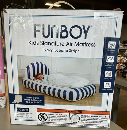 THRIFTY 70 - FUNBOY navy blue stripe 15”H kids’ sleepover twin air mattress bed with electric pump - AS IS - USED - FINAL SALE - NO RETURNS
