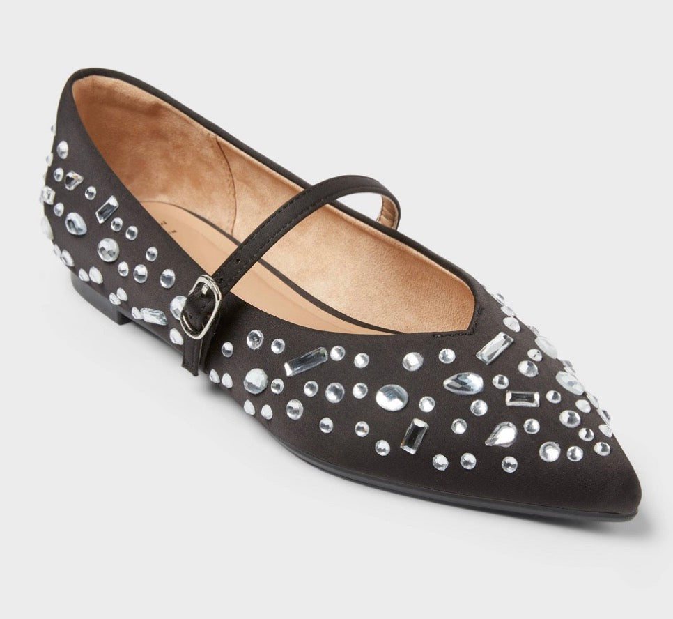 New Day Gabriella pointed toe flats in black featuring crystal embellishments size 9