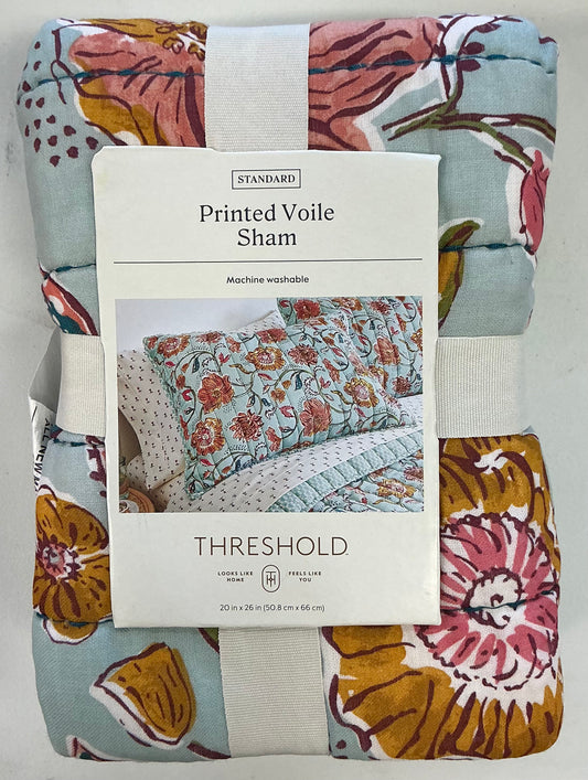 Threshold standard-size pillow sham featuring an earthy vines floral print in teal, mustard yellow, and pink