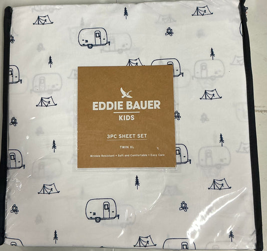 Eddie Bauer Travel Trailer 3 Pieces Sheet Set Twin XL-Included(1 FittedSheet,1 Pillowcase,1 Flat Sheet)-White/Blue