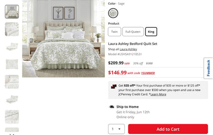 Laura Ashley Bedford Quilt Set king 3-pcs
Included: 1 Quilt(s), 2 Standard Sham(s)