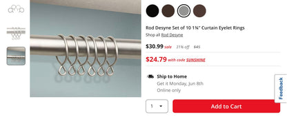 Rod Desyne Set of 10 1¾" Curtain Eyelet Rings color satin nickel