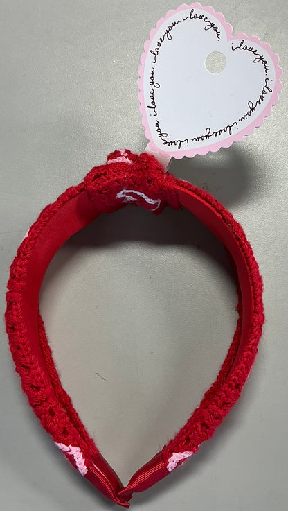 Red crochet knotted headband with pink and white hearts